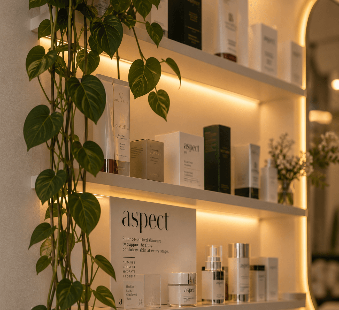 Curated skincare shelf and studio detail